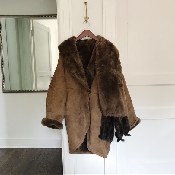 Vintage Jackets & Blazers - Vintage Suede Leather Brown Fur Coat w/ Mink Wrap